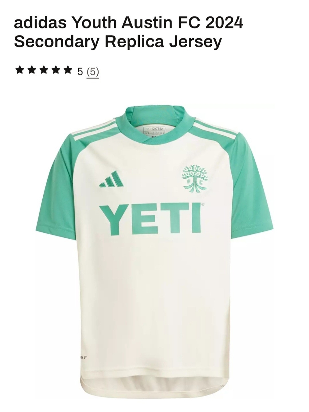 adidas Kids Austin FC Replica Jersey White and Teal Size 11/12 Yrs Old